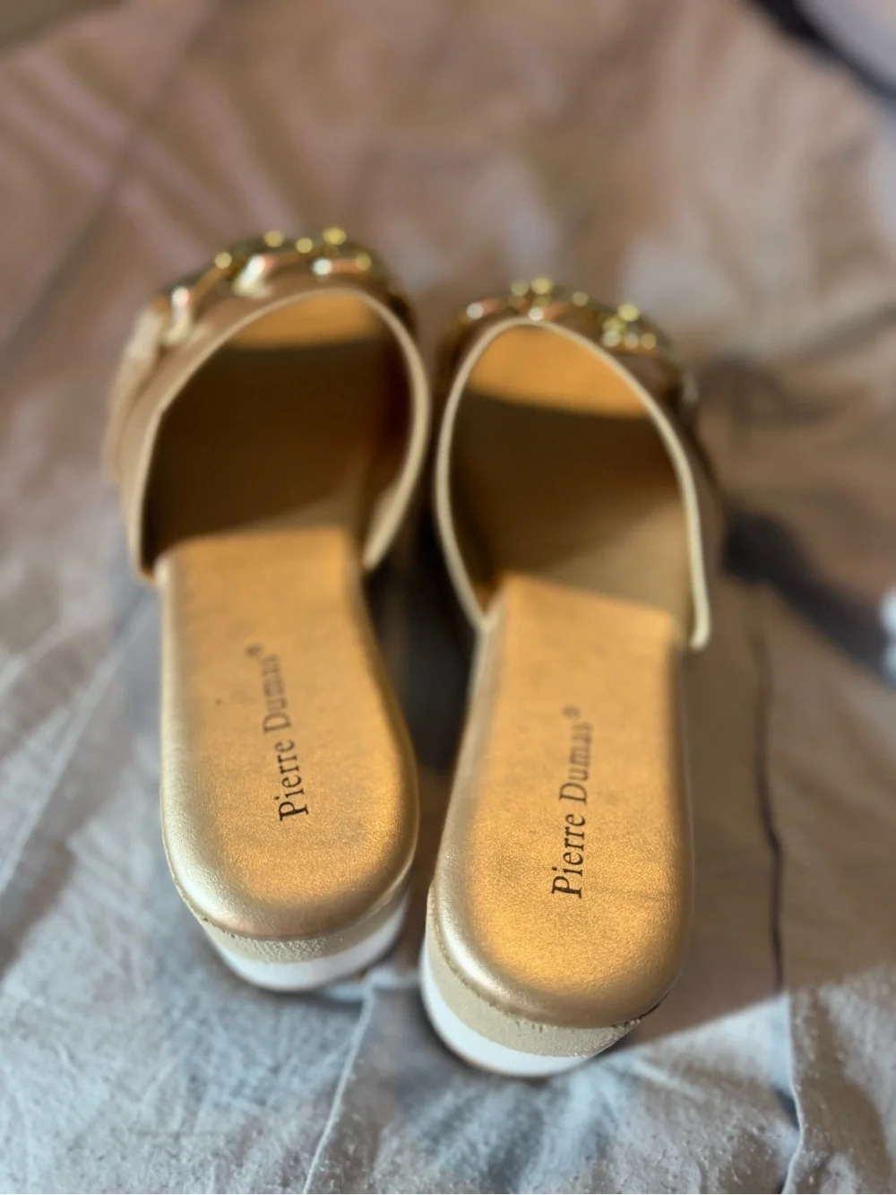 Pierre Dumas Gold and Beige Platform Slide with Chain Accent